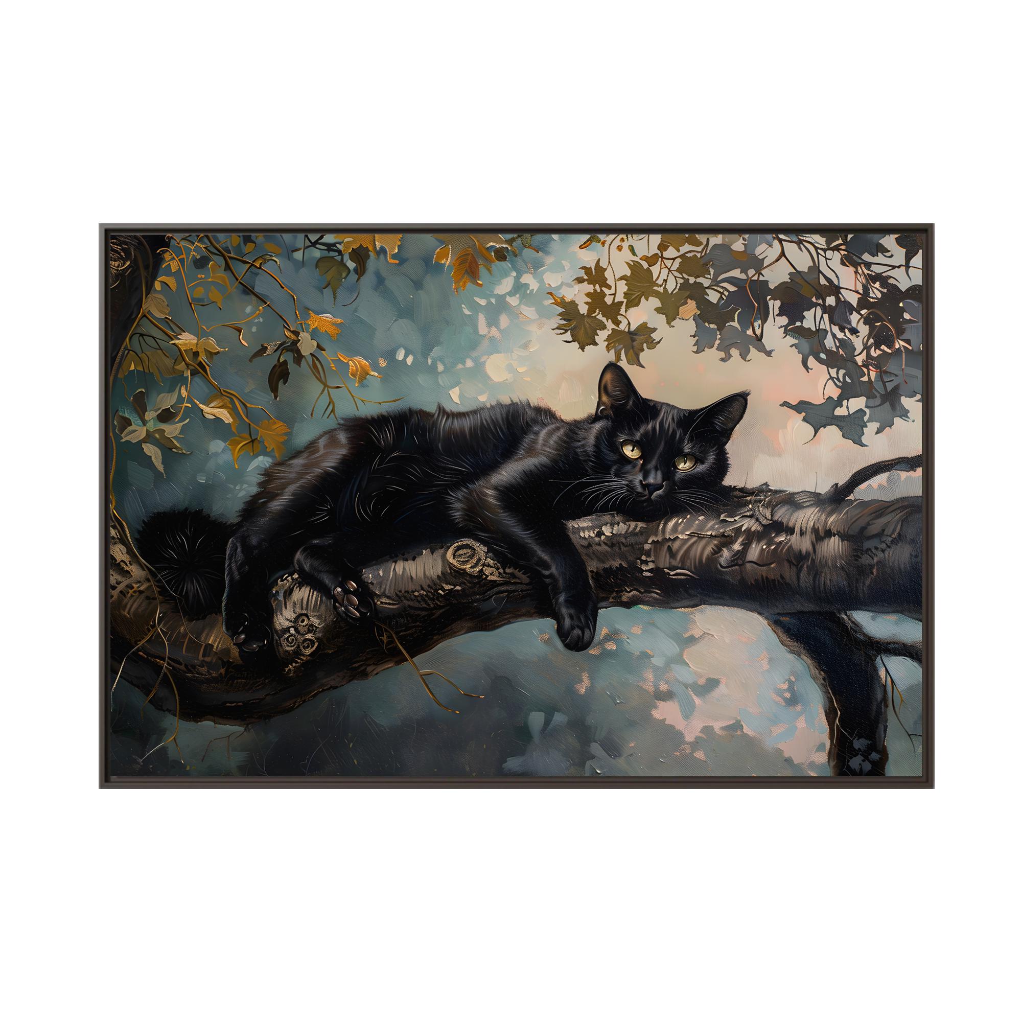 木に寝そべるクールな黒猫の油絵（キャンバスウォールアートプリント