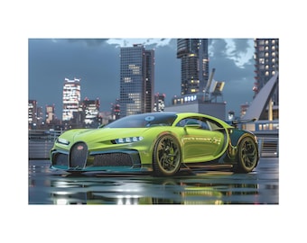 Lime Green Sports Car Canvas. A bugatti chiron supercar parked on the road for wall art print. Cool bugatti super car poster for home decor