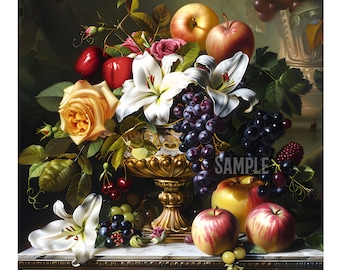 A beautiful combination of flowers and fruits on the table of oil painting digital download wall art decor. Best apple grape fruit painting.
