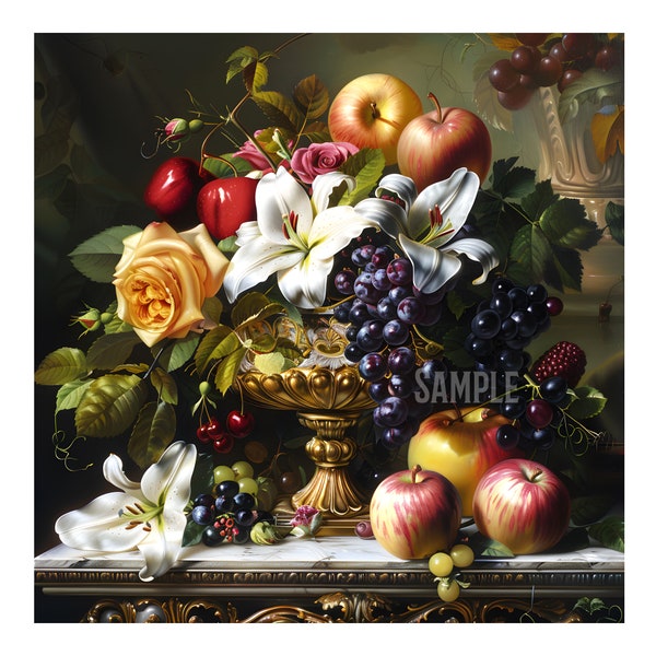 Une belle combinaison de fleurs et de fruits sur la table d'art mural en téléchargement numérique. Meilleure peinture de pommes et de raisins.