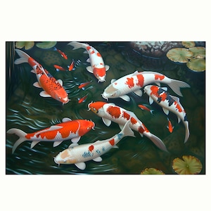 9 koi fish swimming in the pond oil painting on canvas wall art print. Feng shui. Big koi fresh water fish painting for home decor.