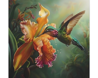 A beautiful hummingbird drink nectar of orchid flower of oil painting on canvas wall art print. Humming bird painting gift for bird lover.