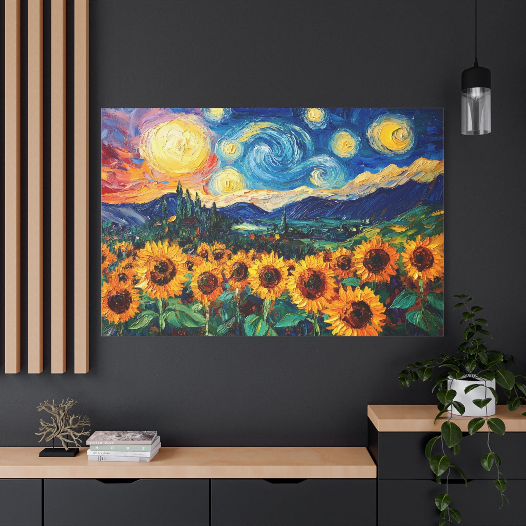 ひまわり畑と丘の風景、ゴッホ風の油絵、キャンバスウォールアート