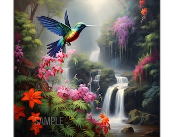 Blue Hummingbird Flying On Waterfalls With Full Flowers on The Morning Oil Painting Digital Download Wall Art. A Beautiful Bird Home Decor.