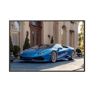 Hermoso superdeportivo azul Lamborghini Huracan en el frente de una mansión, sobre lienzo impreso para pared. Foto de un coche Lamborghini Huracan para decoración del hogar