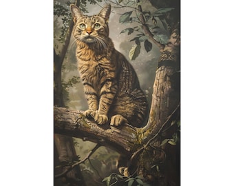 A handsome cat is standing on a tree branch oil painting on canvas wall art print. Cute pet animal painting as home decor for cat lover gift