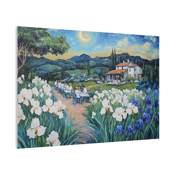 アイリスの花園の風景、ゴッホ風油絵、キャンバスウォールアート
