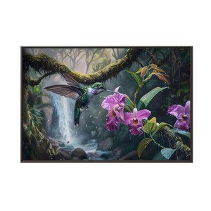 Beautiful hummingbird and violet orchid flower on waterfall zone oil painting on canvas wall art print. Nice painting gift for bird lover.