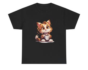 Cute Kitten Drinking Coffee Tee | Kawaii Cat Illustration. Coffee and Cats Tshirt, Coffee Cat Shirt, Coffee Lover Gift, Cats Tee.