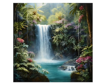 Cool Tropical Waterfall with Flowers Oil Painting On Classic Canvas Wall Art Print. Waterfall on Small River Poster For Home Decor.