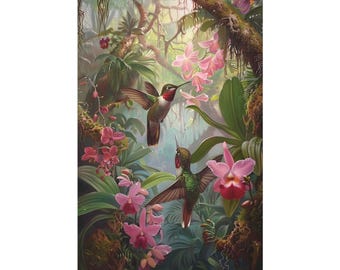 Orchidee Blumen Garten am Wald und 2 Kolibris Ölgemälde auf Leinwand Kunstdruck. Kolibri und Blumengeschenk für Vogelliebhaber.
