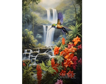 White Neck Hummingbird Flying On Beautiful flowers On Waterfalls oil Painting On Digital Download Wall Art. Cool Colibri Bird For Home Decor