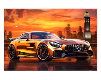 Orange Mercedes AMG gt r on City Wih Sunset on Digital Download Wall Art. Cool Mercedes Supercar Poster for Home Decor. jpg