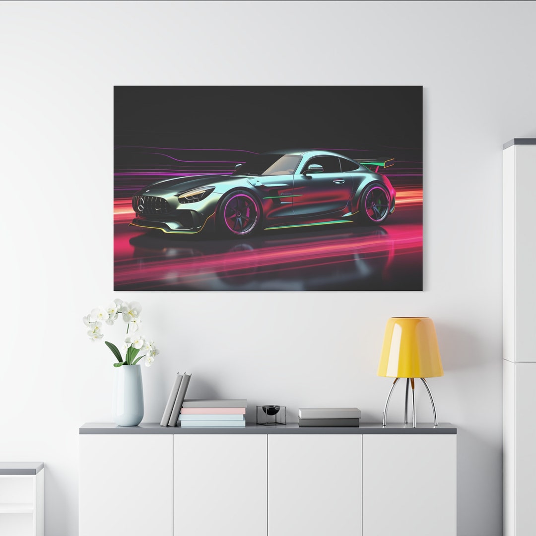 Cool Mercedes Amr Gt Supercar in Neon Light on Canvas Wall Art Print