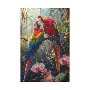 A pair of parrots bird in love on a tree on tropical forest with flower of oil painting on canvas wall art print. Parrot bird for home decor