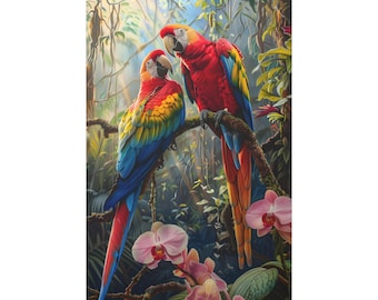 A pair of parrots bird in love on a tree on tropical forest with flower of oil painting on canvas wall art print. Parrot bird for home decor