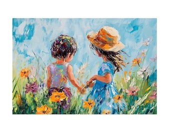 Kids Playing on The Flower Garden on Van Gogh Style Oil Painting on Canvas Wall Art Print. Home Decor Poster, Gift for Art Lovers.