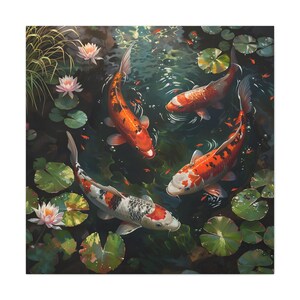 Beatiful 4 koi fish in the pond oil painting on canvas wall art print. Nice fresh water fish painting for home decor.