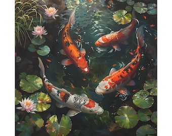カラフルな鯉の池のキャンバス、大きな壁アート - Etsy 日本