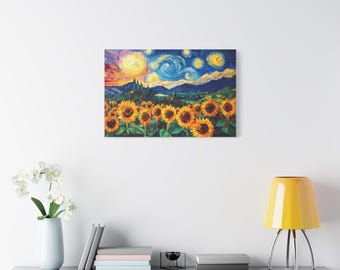 ひまわり畑と丘の風景、ゴッホ風の油絵、キャンバスウォールアート