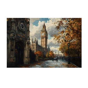 London Street with Big Ben in Autumn Oil Painting On Canvas Print, Wall Art Print, Home Decor Poster, Cityscape Artwork, British Landmark