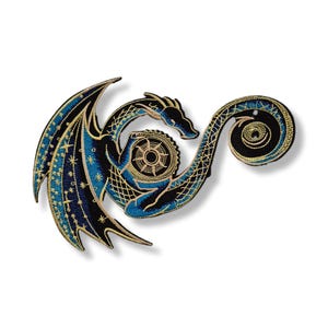 May include: Embroidered patch featuring a stylized dragon in shades of blue, black, and gold. The dragon has detailed wings with star patterns, a coiled tail, and a circular design on its body. The patch is likely for clothing or accessories.