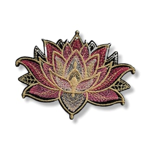 May include: Embroidered lotus flower patch in shades of pink, gold, and black. The patch features intricate stitching details, with a layered petal design and a black border. The lotus is a symbol of purity and enlightenment.