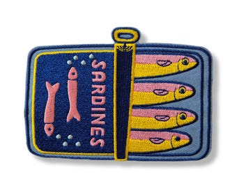 Sardine, sardine patch, iron-on patch, patch, embroidered, patch, iron-on patch, can of sardines patch