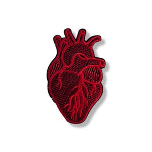 Puede incluir: Un parche bordado rojo con forma de corazón humano. El parche presenta costuras detalladas, mostrando las cámaras y vasos del corazón. El parche está sobre un fondo blanco.