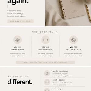 May include: A promotional image with text that reads "feel clear again." It includes a notebook, pen, candle, and a cup of coffee. The image promotes a 7-day reset plan for clarity and energy.