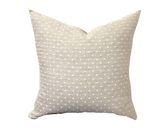 Noa Beige and ivory dot linen pillow cover, beige natural linen with ivory Swiss dot throw pillow, decorative pillow