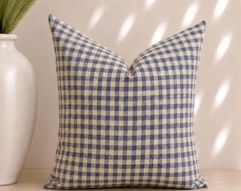 Kennedy - A Blue and Ivory Check / Gingham Pillow Cover in a Woven Textured fabric