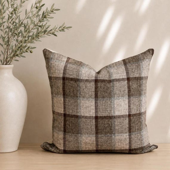 Wyatt - A Brown, Beige and Blue Plaid Pillow Cover in a Textured Woven Fabric