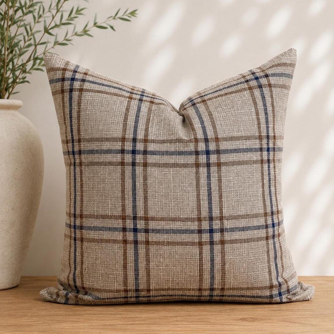 James - A Plaid Pillow Cover, Blue and Beige Check in a Woven Fabric - Etsy