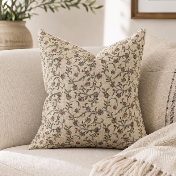 Sophia Hand Blocked Floral Print Pillow Cover in 100% Linen