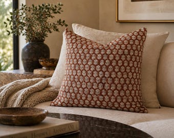 Elodie - 100% Linen, Brown and Beige Hand Blocked Floral Pillow Cover