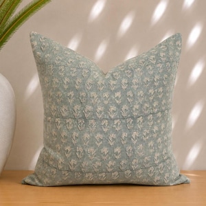 Sabine - A Hand Blocked Pattern Pillow Cover in a blue-gray with beige print in 100% Linen