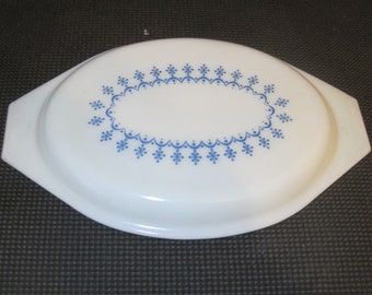 Lid (only) For Pyrex SNOWFLAKES Blue Garland Oval Milk Glass 2.5 Qt Casserole 945C32