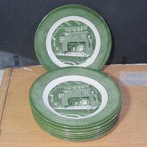 9 Vintage Dinner Plates Colonial Homestead Green by Royal 1950s Made in USA.