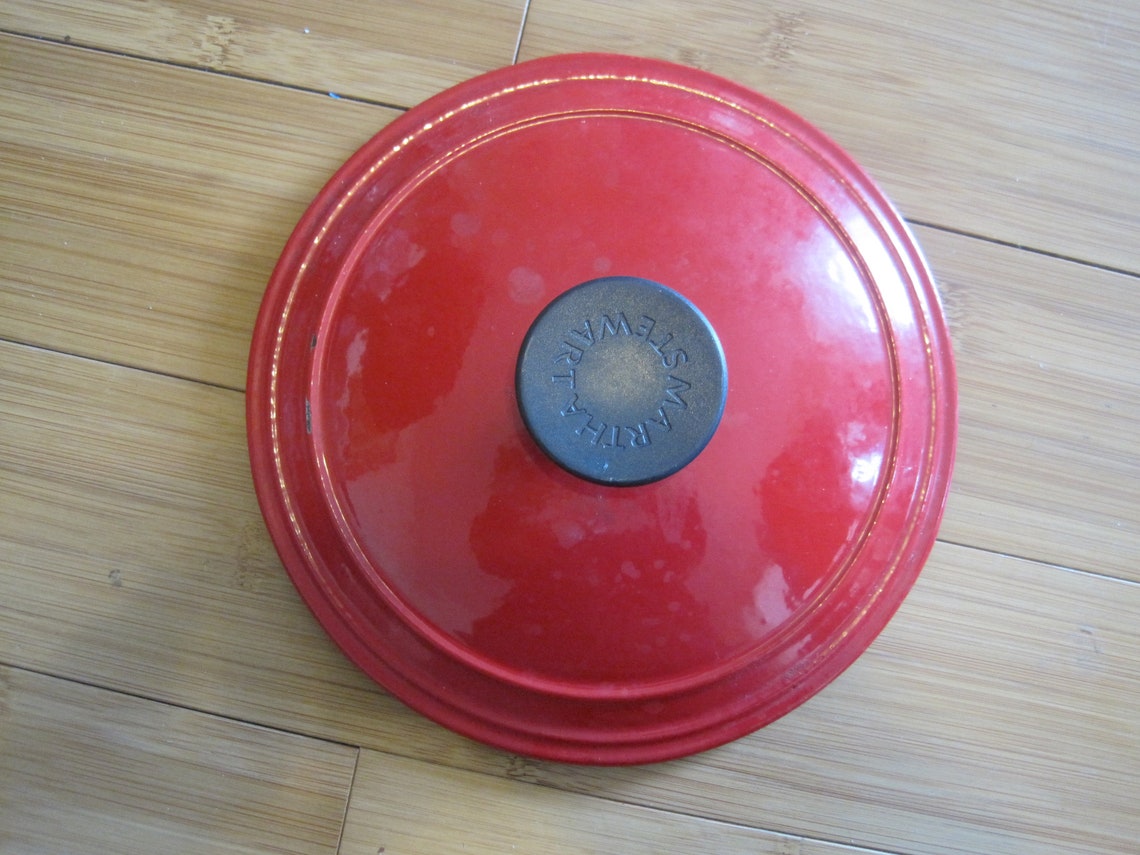 Vintage Cast Iron LID Marked martha Stewart Flame Orange Enamel Pot LID