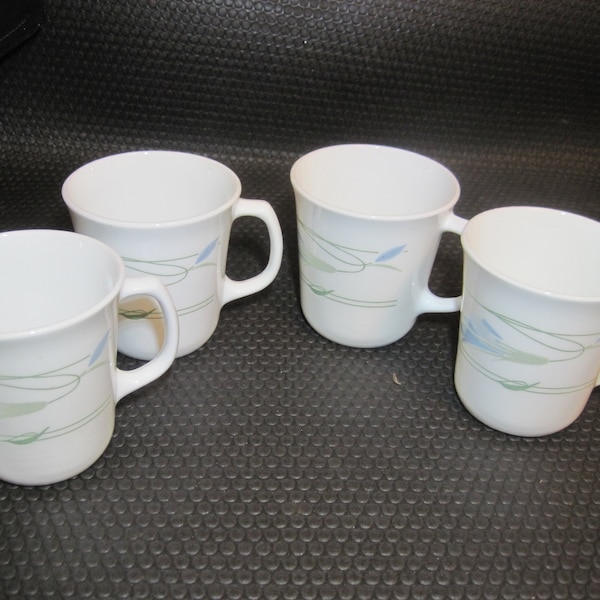 4 Corning Ware Mug Cups Green Vine Blue Flowers Slightly Used, USA