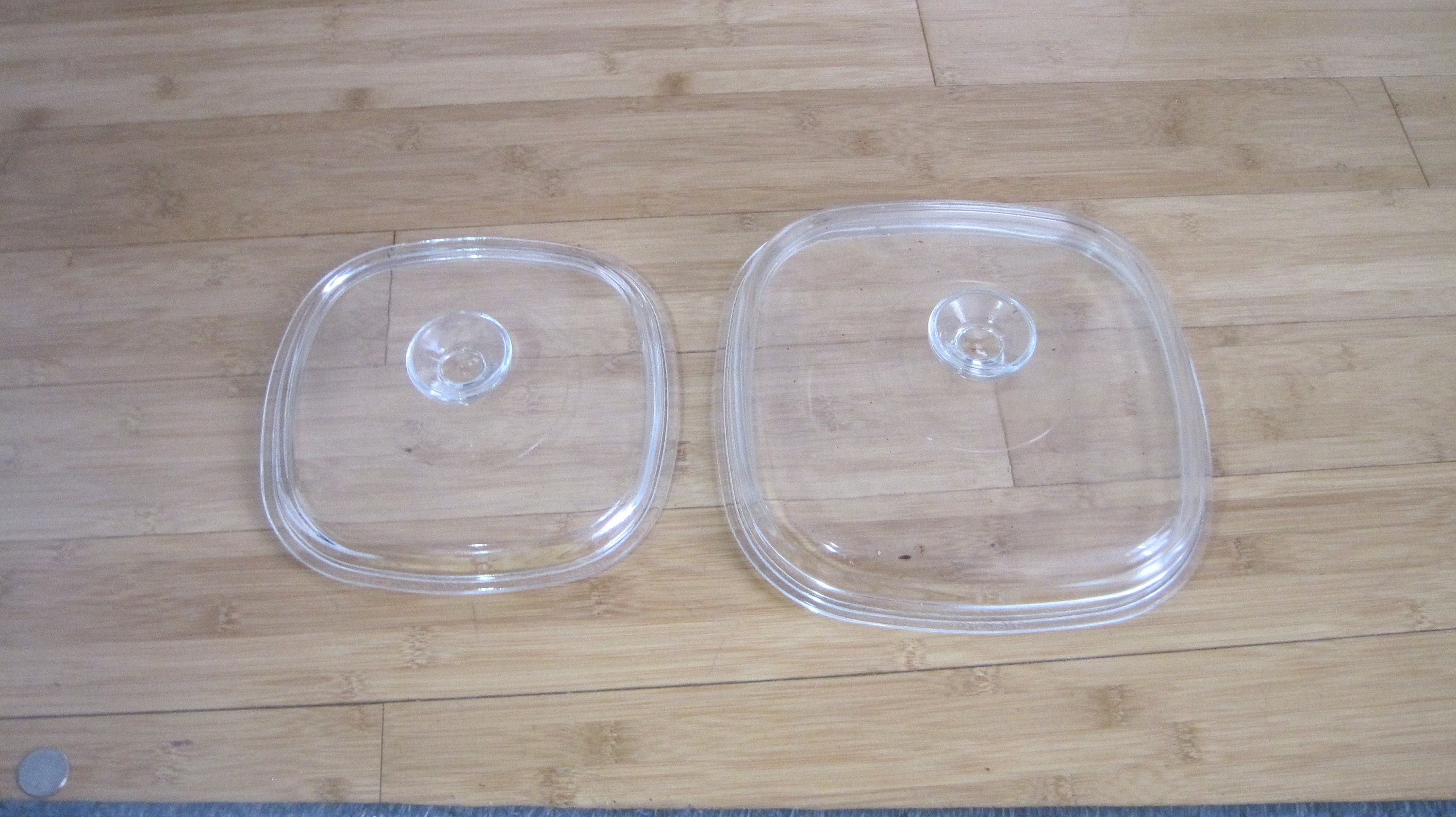 2 Pyrex Lids A-9-C and A-12-C lids for Corning Ware casseroles 8" x 8" and 10" x 10" square.