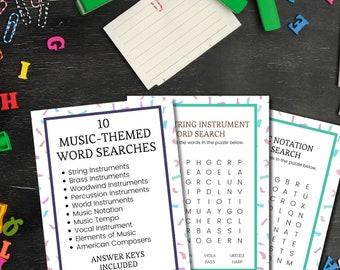 Music Word Search Puzzles for Preschoolers, 10 Pages (Instant Download PDF)