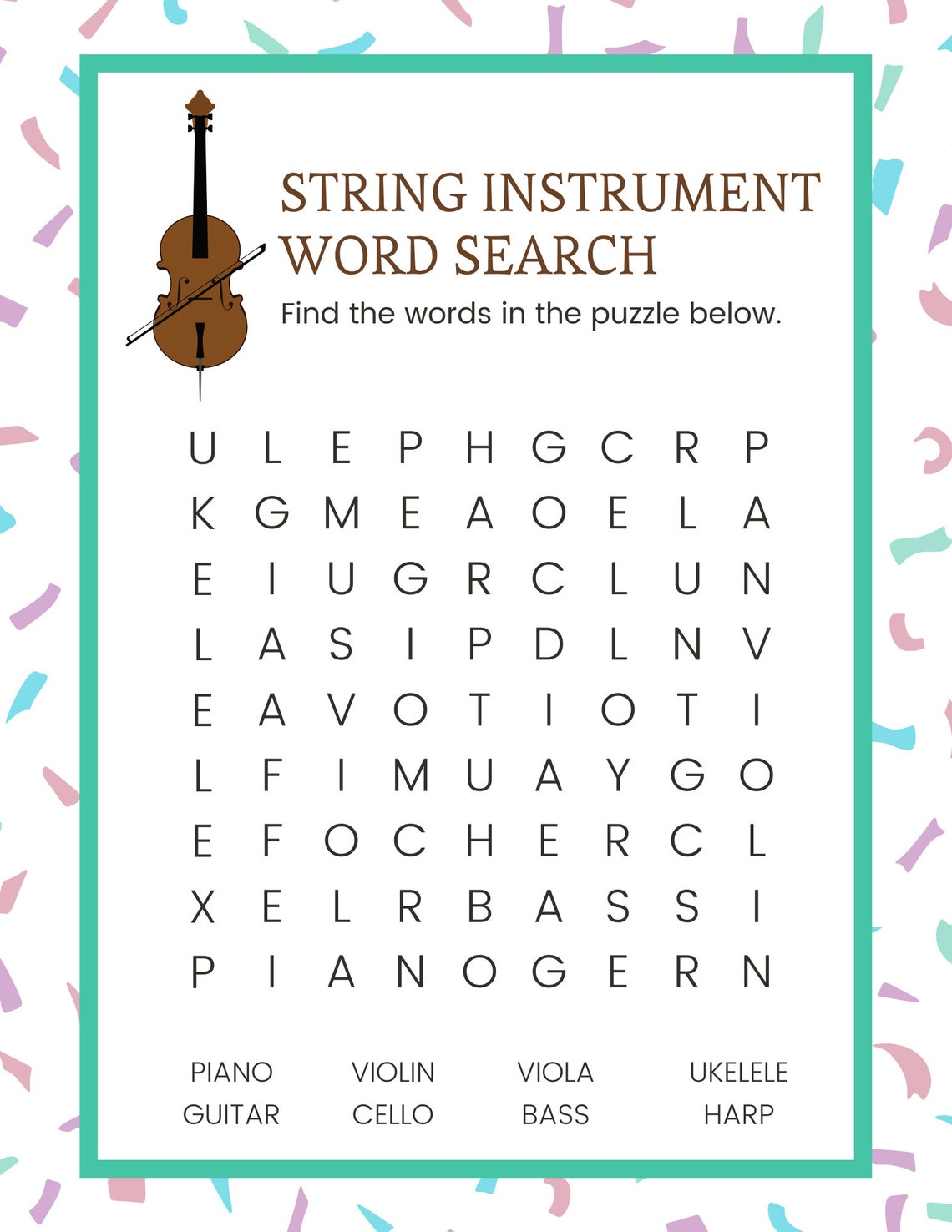 Printable Music Word Search, Instant Download Pdfs, Word Search Puzzles for Preschoolers and ...