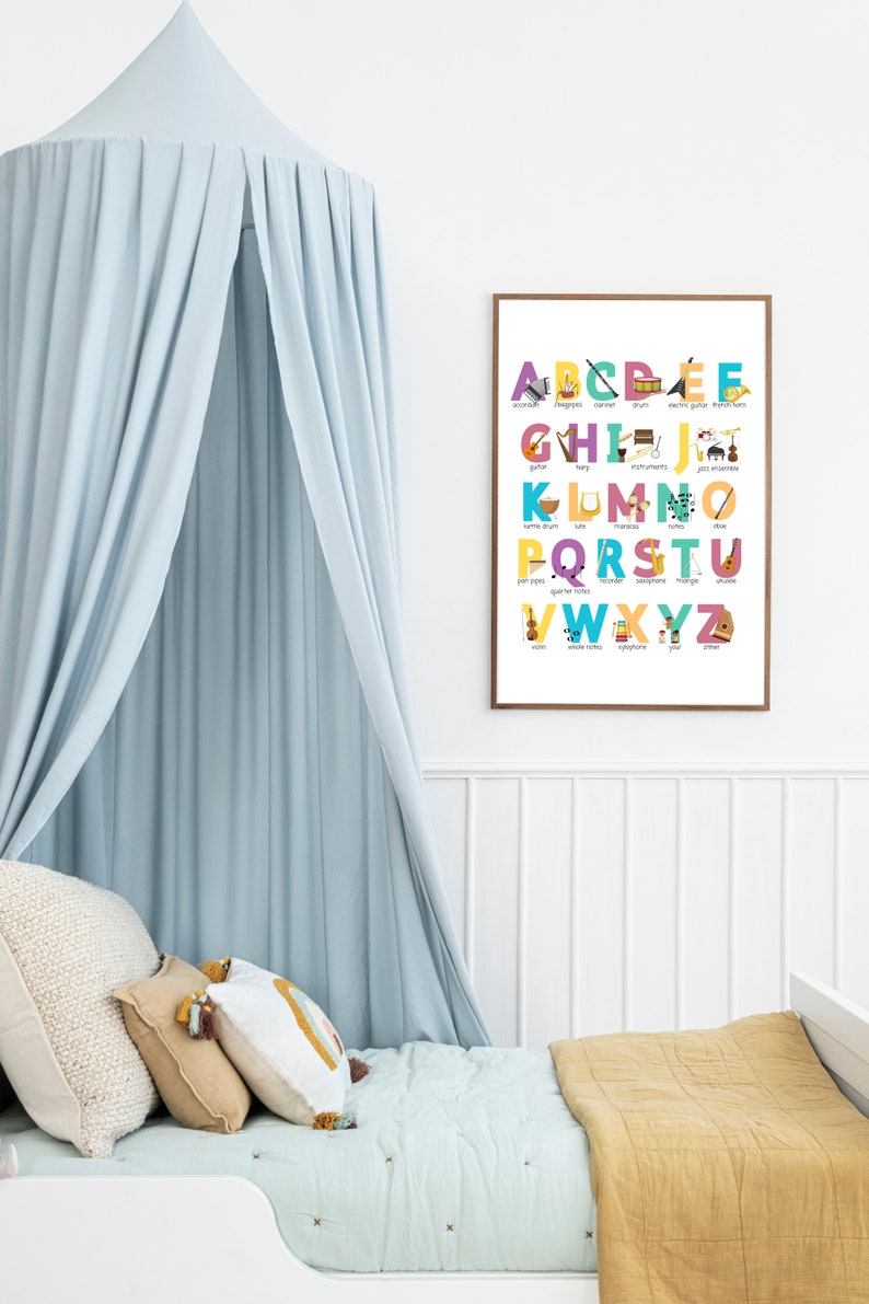 May include: A colourful alphabet poster featuring musical instruments. Each letter of the alphabet is paired with a musical instrument and its name. For example, A is for Accordion, B is for Bagpipes, C is for Clarinet, and so on.