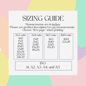 May include: A sizing guide for prints, showing different aspect ratios and corresponding dimensions in inches. The guide also includes ISO paper sizes: A1, A2, A3, A4, and A5.