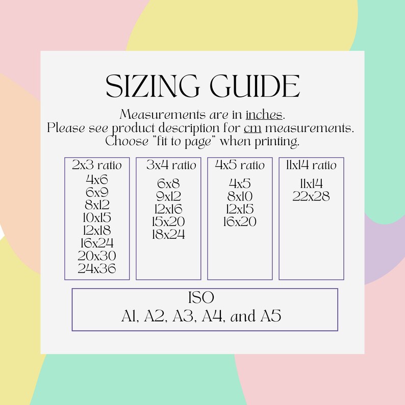 May include: A sizing guide for prints, showing different aspect ratios and corresponding dimensions in inches. The guide also includes ISO paper sizes: A1, A2, A3, A4, and A5.