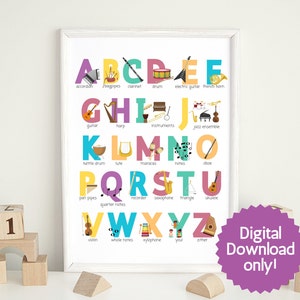 May include: A colourful alphabet chart featuring musical instruments. Each letter of the alphabet is displayed in a different colour, with an illustration of a musical instrument that starts with that letter. The chart includes instruments such as an accordion, bagpipes, clarinet, drum, electric guitar, French horn, guitar, harp, instruments, jazz ensemble, kettle drum, lute, maracas, notes, oboe, pan pipes, recorder, saxophone, triangle, ukulele, violin, whole notes, xylophone, you, and zither. The chart is titled "Digital Download Only!"