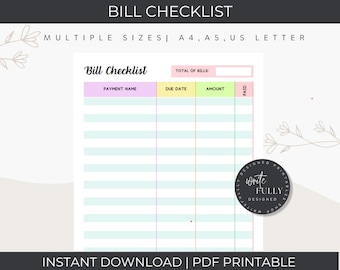 Bill Tracker, Bill Organizer, Budget Template, Monthly Bill Tracker, Payment Tracker | A4, A5, US Letter | Fillable PDF