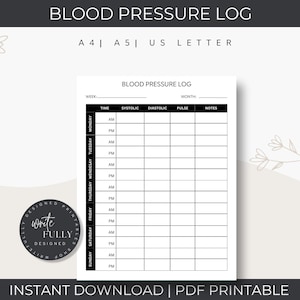 Blood Pressure Log Healthcare Tracker | Daily Blood Pressure | Printable Blood Pressure Template
